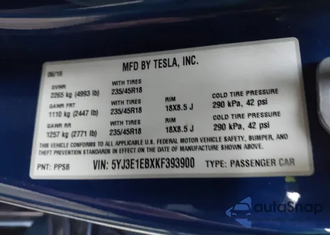 2019 Tesla Model 3 Long Range/Performance from USA, damaged, VIN 5YJ3E1EBXKF393900